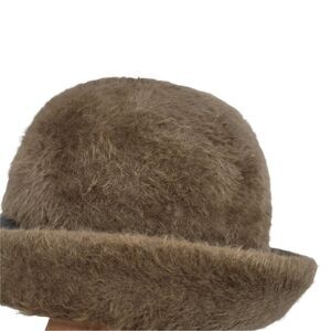 60's Mr. John‎ Sophisticate Mystere Brown Fuzzy Cloche Hat Faux Leather Bow